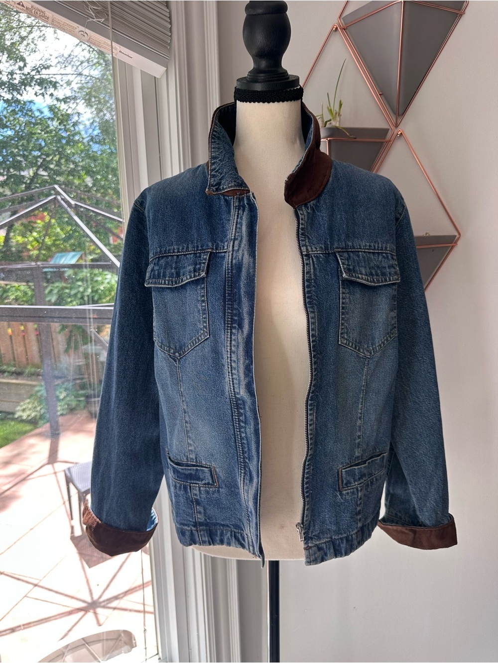 VINTAGE 90s Blue Denim Jean Chore Jacket Zip-up 💯 Cotton Brown Corduroy Size 8